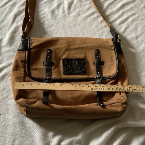 David Bitton BUFFALO laptop messenger bag tan canvas brown trim - Picture 8 of 10